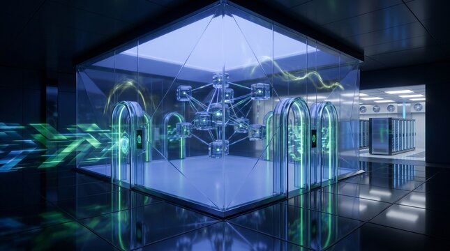 Advanced quantum computer chamber with glowing neural network cube in high tech data facility room