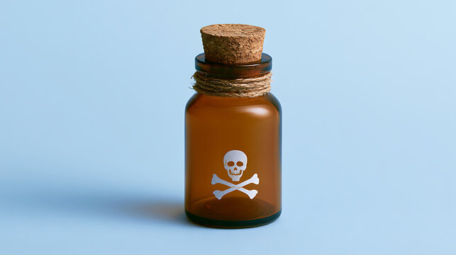 A vintage glass poison bottle with skull and crossbones symbol cork stopper and twine detail isolated on a minimal light blue background