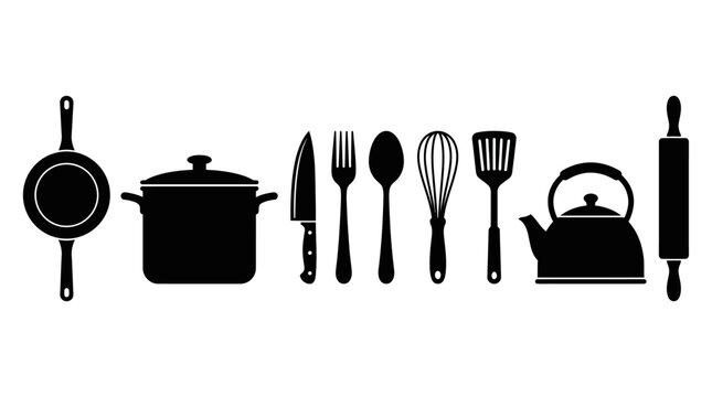 Kitchen Utensil Black Silhouette Collection &ndash; Frying Pan, Pot, Knife, Fork, Spoon, Whisk, Spatula, Kettle and Rolling Pin Vector Set