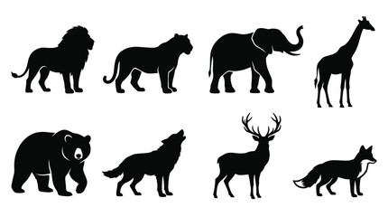 Fototapeta premium Wild Animal Black Silhouette Collection – Lion, Tiger, Elephant, Giraffe, Bear, Wolf, Deer and Fox Vector Set