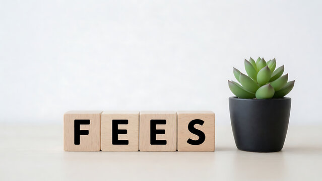 Minimalist wooden blocks spelling FEES with small succulent plant on white background