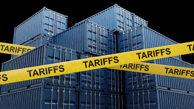 Modern shipping containers wrapped in caution tape labeled with tariffs concept