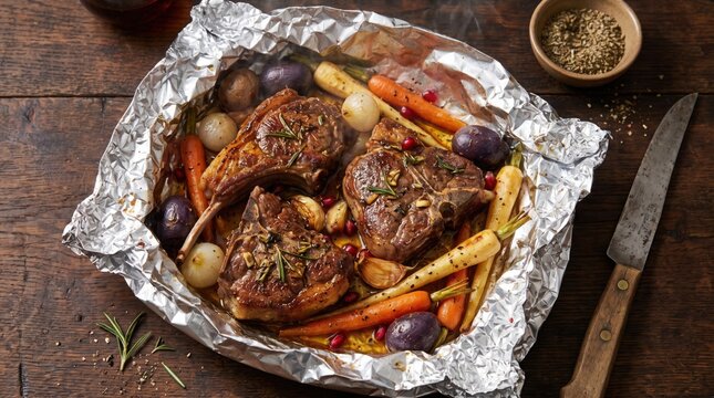 Baked lamb chops are prepared in foil packet with root vegetables.