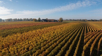 Naklejka premium Aerial view of a vineyard in autumn with colorful leaves in neat rows. Farm buildings are visible in distance under a clear blue sky with sparse clouds.