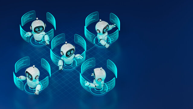 AI agent robot workflow automation orchestrator artificial intelligence data coding icon flow process assistant technology futuristic 3d rendering.
