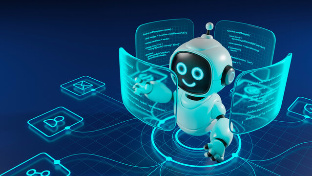 AI agent robot workflow automation orchestrator artificial intelligence data coding icon flow process assistant technology futuristic 3d rendering.