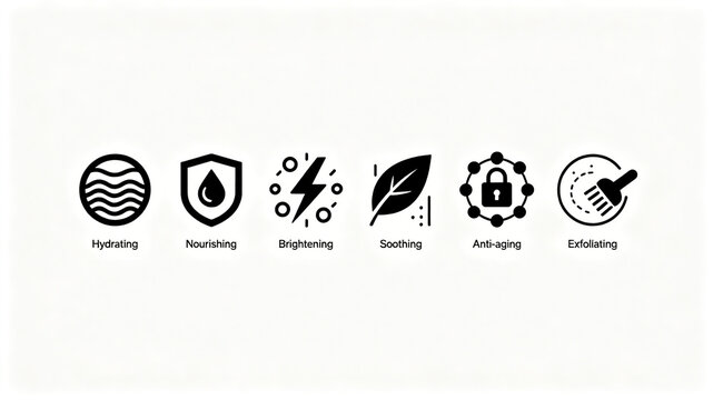 Simple skin care attribute icon kit, representing moisturizing, nourishing, brightening, anti-aging, soothing and exfoliating, is applicable to skin care product detail pages and product brochures.
