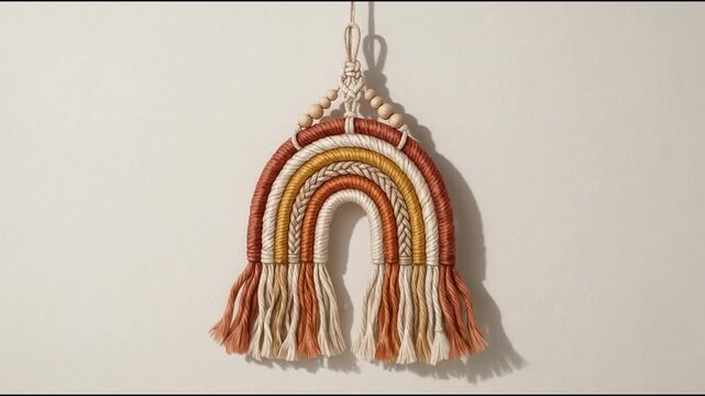 Handcrafted macrame rainbow wall hanging decoration swinging gently indoors