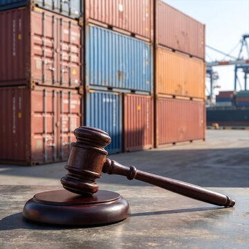 A wooden judge gavel resting on a desk with stacked cargo containers in the background.