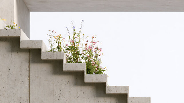 Minimalist concrete staircase integrated with vibrant wild flowers plant, creating a harmonious blend of industrial architecture and nature