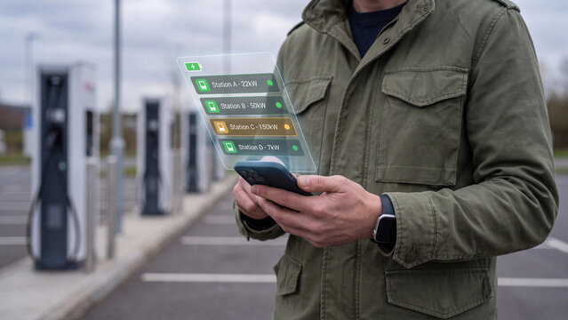 Electric Vehicle Charging Station App Concept, man using smartphone with battery icon and charging station list showing power and availability at EV charger for electric car energy and mobility
