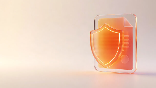 Transparent glass shield with glowing orange security protection icon on white background