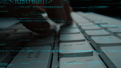 Naklejka premium Captivating close-up of hands typing on a sleek computer keyboard, surrounded by coding overlays, symbolizing digital innovation and technology in action. Xenic