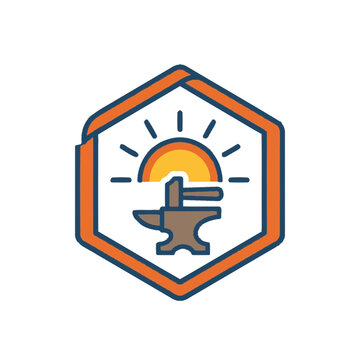 Blacksmith logo icon vector illustration with anvil hammer and sun inside hexagon emblem. SVG Editable