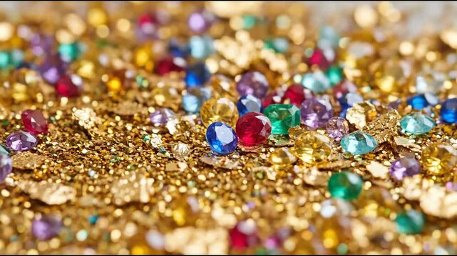 Colorful Gemstones Scattered Over Shimmering Golden Glitter Surface