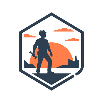 Construction worker logo icon with wrench and sunset background. SVG Editable
