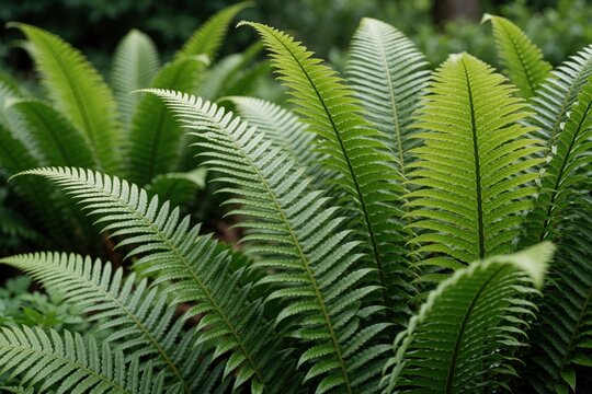 Green bracken ferns grow in garden. Fresh Blechnum spicant leaves create dense plant texture. Natural foliage in forest botanical park provides organic background. Close up view of bright fern fronds