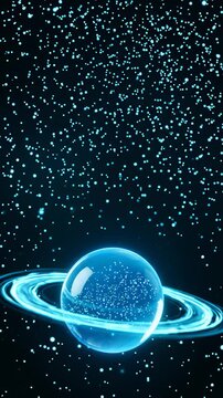 Abstract Glowing Blue Sphere With Orbital Rings Floating in Deep Space With Particle Dust