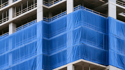 Naklejka premium Modern concrete building under construction with protective blue safety mesh wrap on scaffolding structure exterior urban architecture scene