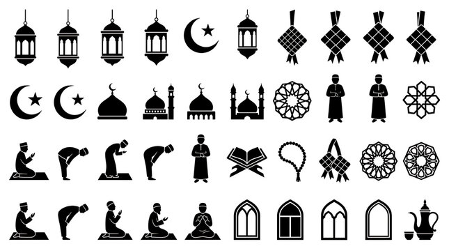 Islamic Ramadan Kareem Icon Set Featuring Lanterns Mosques And Prayer Silhouettes