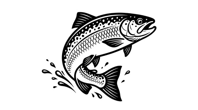 Jumping trout fish illustration, vintage black and white ink drawing of a salmon