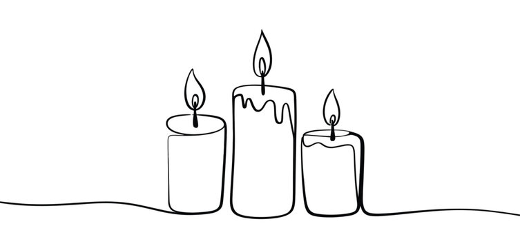 One line continuous three candle silhouette with burning flames for memorial ceremony, church tradition, spiritual rituals, and remembrance