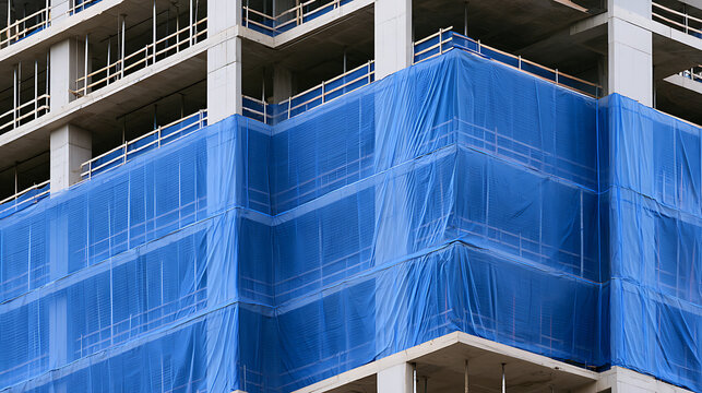 Modern concrete building under construction with protective blue safety mesh wrap on scaffolding structure exterior urban architecture scene