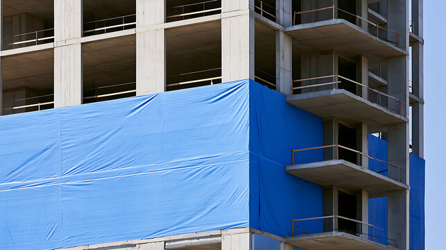 Modern concrete building under construction with blue protective safety tarp wrap covering facade exterior architectural structure development