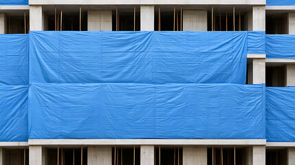 Naklejka premium Modern concrete building under construction featuring bright blue protective tarpaulin sheets covering balconies and exterior structure walls