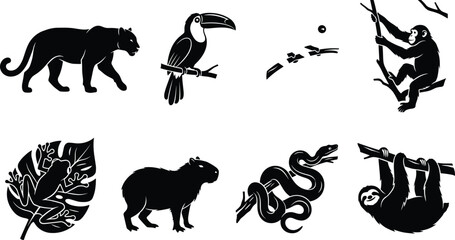 Naklejka premium Jungle Animal Silhouette Vector Set Black Icons Rainforest Collection