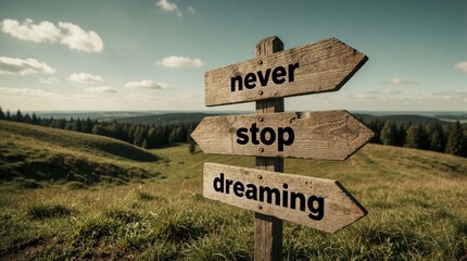 Naklejka premium Wooden signpost with motivational quote never stop dreaming in green meadow. Three rustic arrows point different directions on hill. Scenic mountain landscape view with pine forest, blue sky with