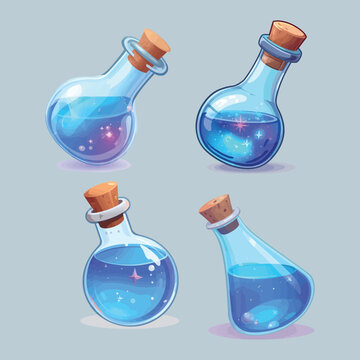 Glowing blue magic mana elixir bottles vector illustration set with sparkling light effects