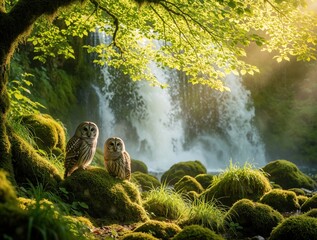 Naklejka premium Two wild owls perch on mossy rocks near forest waterfall. Pair of birds sits in green jungle habitat. Bright sunlight shines through tree leaves near flowing water. Beautiful nature scene with avian