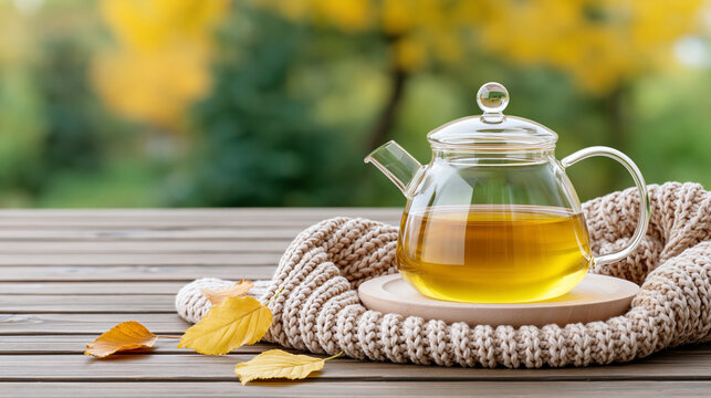 Cozy autumn tea in glass teapot with knitted blanket and yellow leaves on wooden table against blurred seasonal nature background
