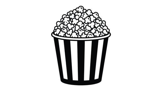Black and white line art illustration of a striped popcorn bucket