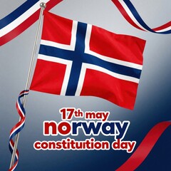 Naklejka premium Norwegian flag flies proudly on constitution day May 17th. Festive ribbons in national colors adorn the pole. Celebrate Norway independence and freedom.