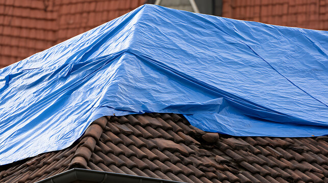 Blue tarp covering a damaged roof with red tiles to protect against storm water leaks and secure the house structure during a repair job
