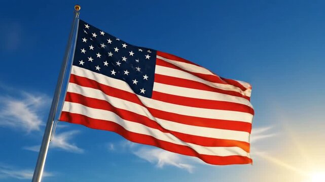 American Flag Waving Slowly in the Wind Against Blue Sky
