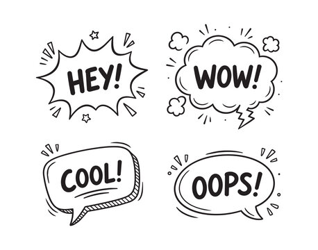 Hand drawn comic speech bubbles with expressive words hey wow cool oops in bold outline doodle style, black ink on white background for playful sticker and poster layouts