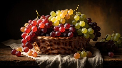 Naklejka premium Fresh grapes in wicker basket on rustic wooden table. Red, green, yellow fruit pile in woven container. Still life with juicy organic berries on linen cloth. Close up view of healthy autumn harvest