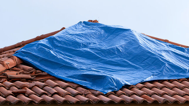 Blue tarp covering a damaged roof with red clay tiles, temporary protection from rain and storm damage on a residential house exterior