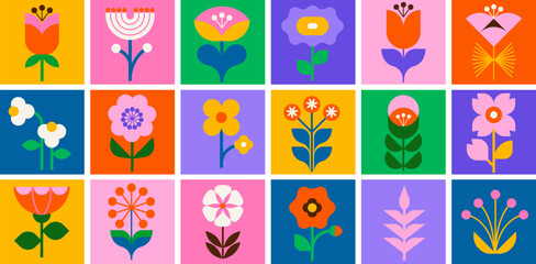 Naklejka premium Modern flowers icons set in geometric flat style. Retro design with bright colorful floral elements. Scandinavian folk vector illustrations collection