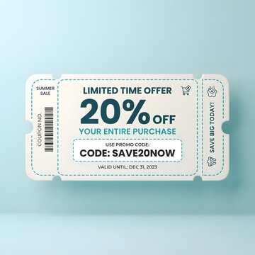 Limited time offer 20 percent off coupon with promo code on blue background