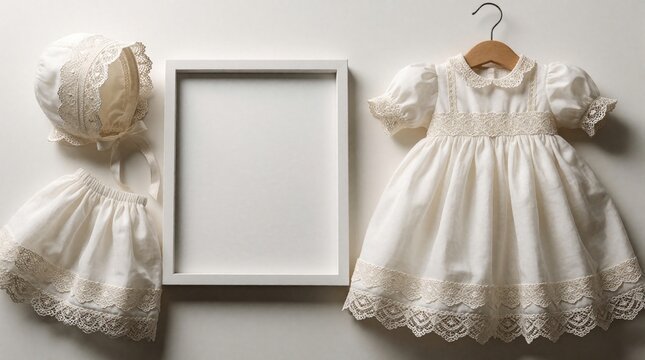 White baby christening gown with lace details hangs on wooden hanger. Matching bonnet, diaper cover lie next to empty white picture frame. Elegant infant baptism clothing set on neutral background