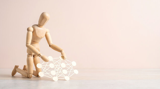 Artificial Intelligence and Neural Network Concept with Wooden Mannequin Assembling Connected Node Diagram for Technology Website Banner