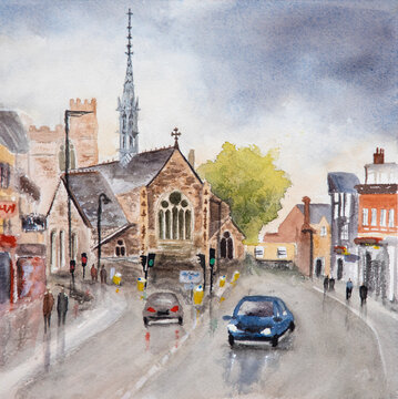 Watercolour painting of High Street in High Barnet, UK