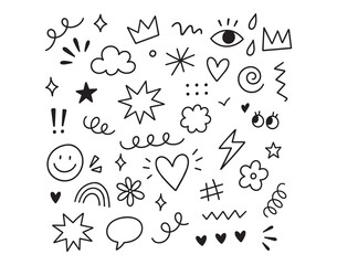 Obraz premium Hand drawn doodle outline icon collection with playful hearts, stars, clouds, eyes, crowns, swirls, speech bubbles, lightning, flowers, rainbow, sparkles, and decorative marks for cheerful design use