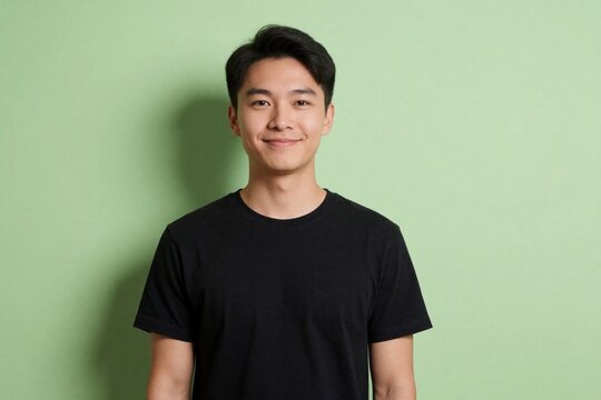 Young man smiles casually wearing black t-shirt. He stands against a plain pastel green studio backdrop, presenting a peaceful and confident demeanor. Easygoing pose for casual or tech-related themes.