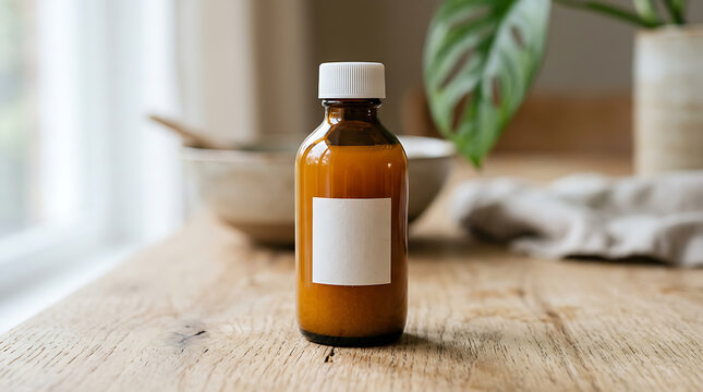 Minimalist natural essential oil bottle mockup on rustic wooden surface with plant