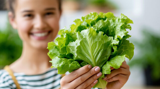 Smiling young woman holding fresh green lettuce indoors, promoting healthy eating, organic vegetables, nutrition and sustainable lifestyle